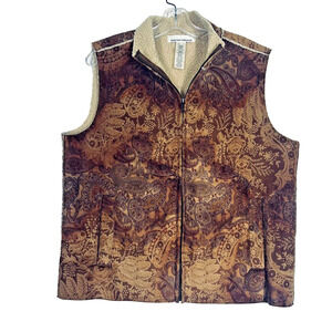 Jones New York Sport Vest Womens Large Brown Faux Leather Paisley Zip Boho Arty